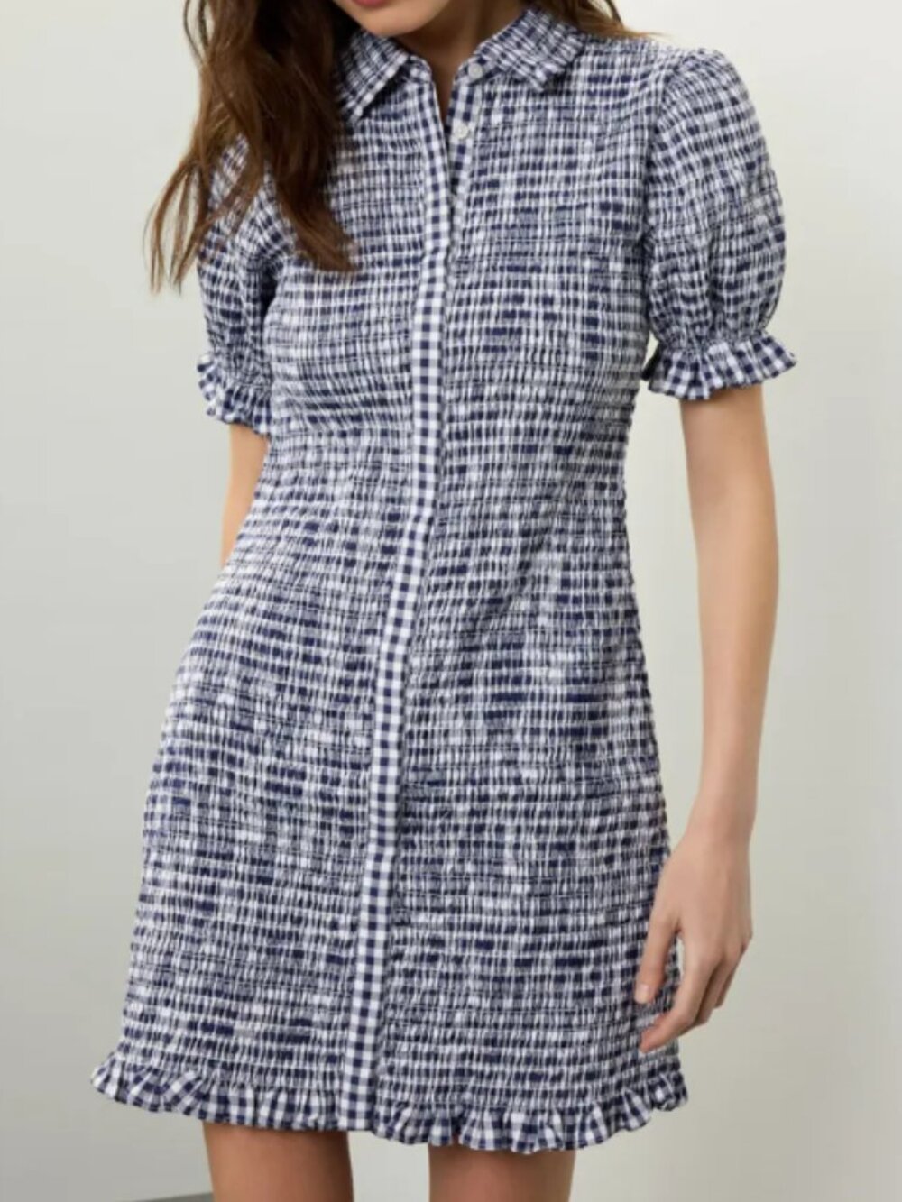 Jason Wu Navy Smocked Gingham Puff Sleeve Mini Dress 0